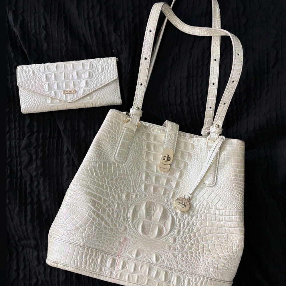 Brahmin Elegant White Crocodile-Embossed Tote and Wallet Set